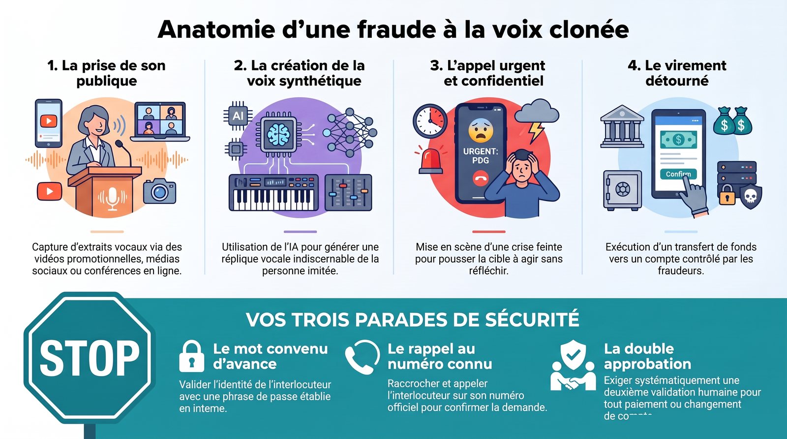 Les quatre étapes d'une fraude à la voix clonée et les trois parades : mot convenu d'avance, rappel au numéro connu, double approbation.